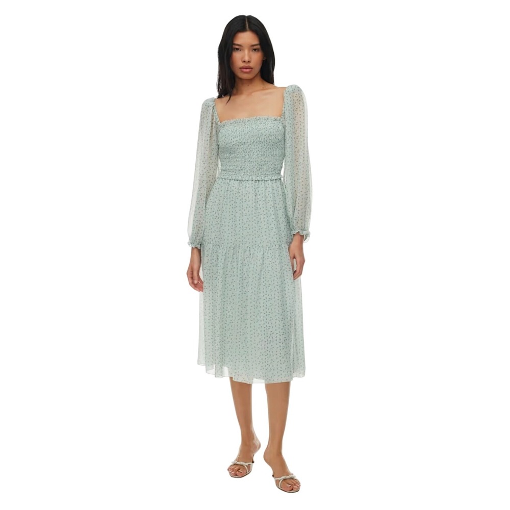 Aritzia‎ Wilfred Nella Floral Chiffon Green Midi Dress XS Cottagecore